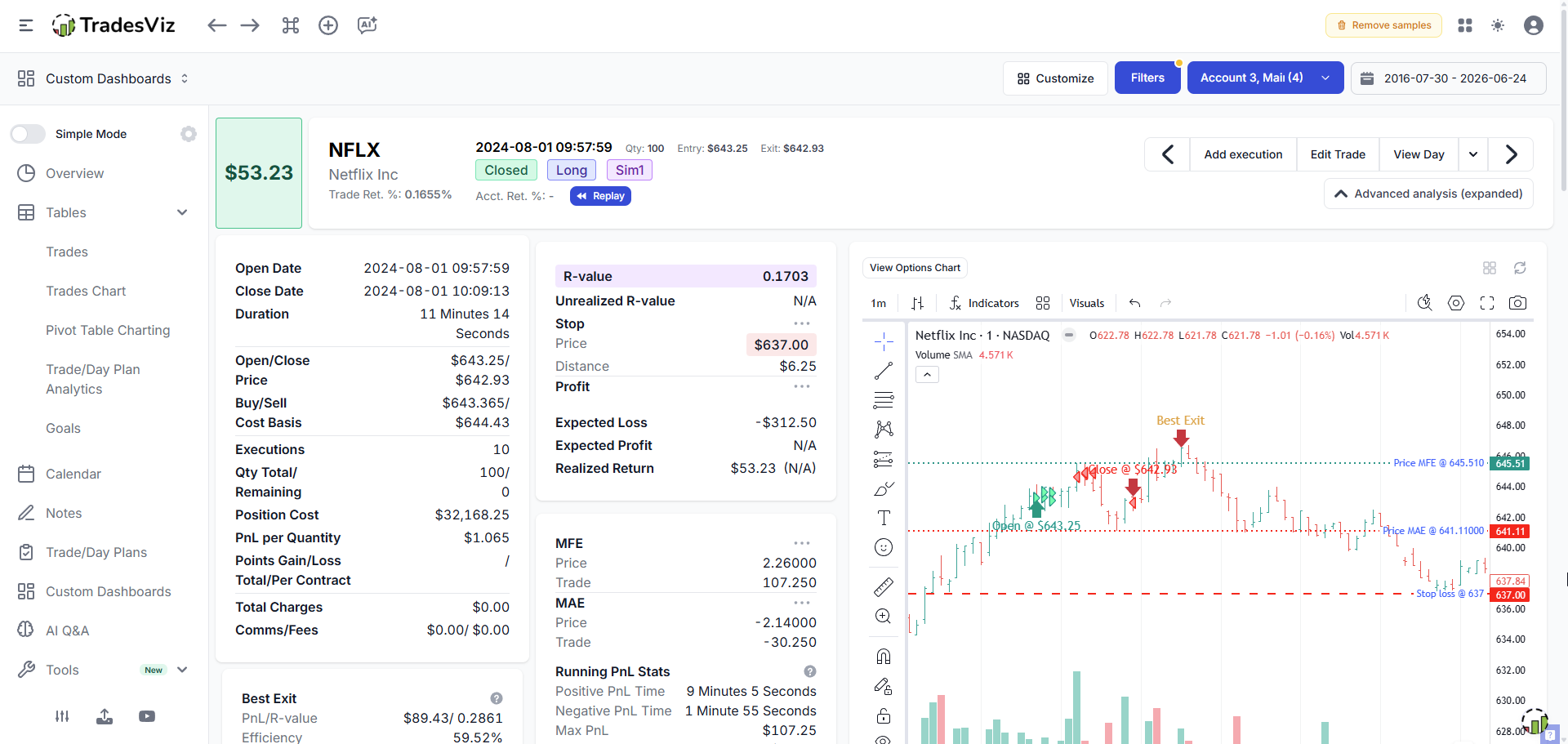TradesViz trade detail view with execution chart, MFE and MAE, and running P&L stats